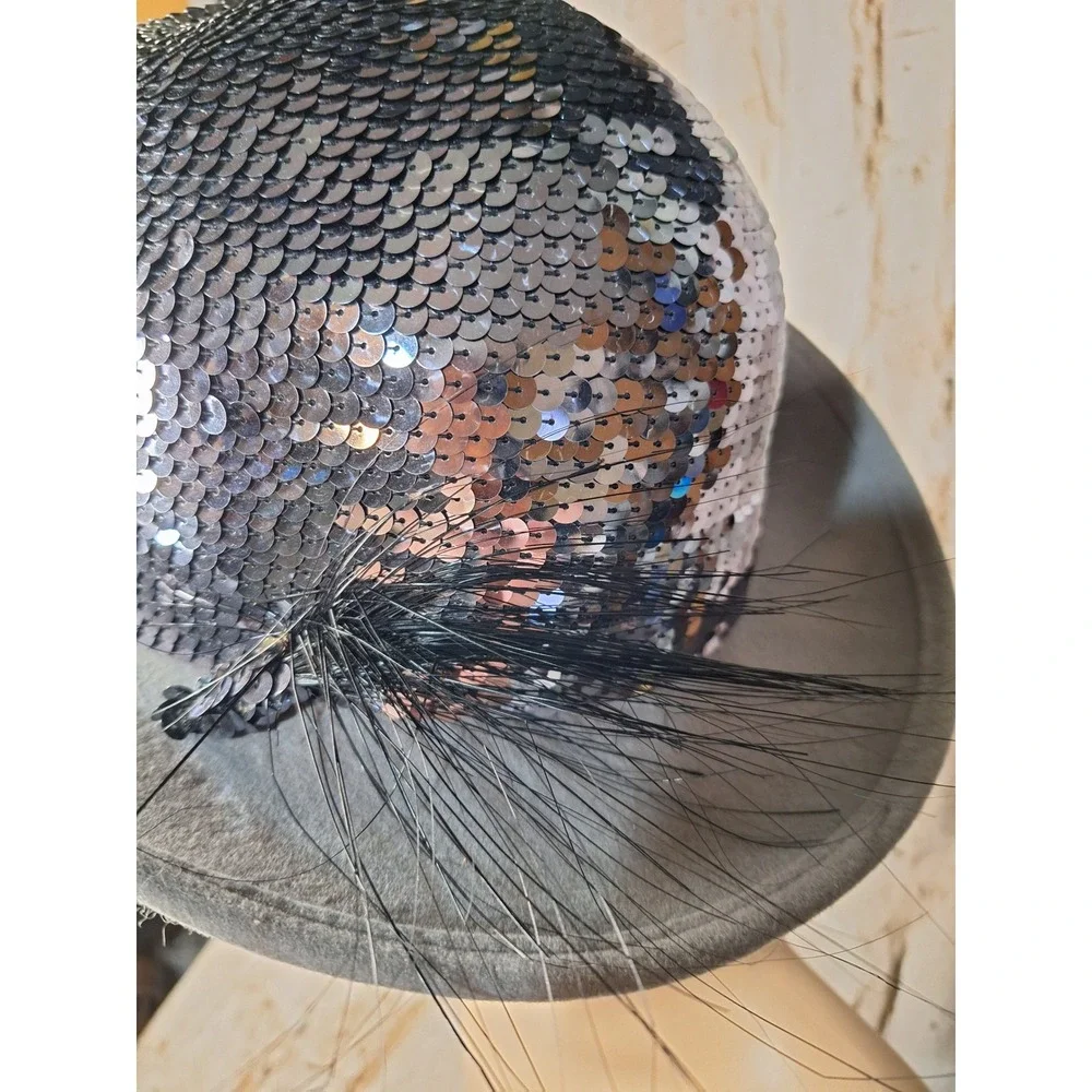 Vintage‎ Lancaster Styled by Coralie Wool Felt Sequin Bowler Hat Grey Black USA